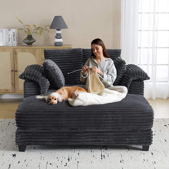 VINGLI 56" Oversized Chaise Lounge Chair, Dark Grey Comfy Corduroy Chais...