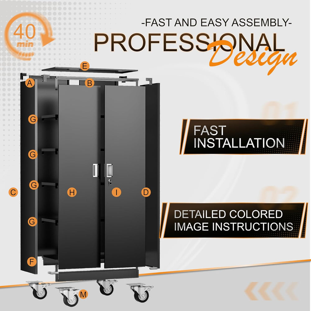 Garage Storage Cabinet with Wheels, 72" H Metal Cabinet with 2 Locking D...