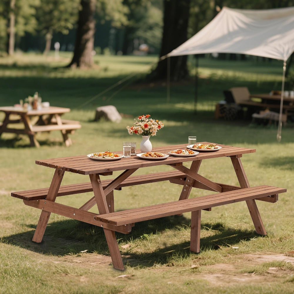 Outdoor Wooden Picnic Table with Benches and Umbrella Hole, Rustic Style Wood...