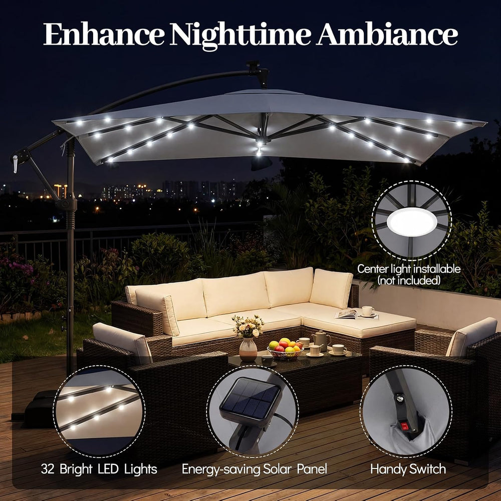 Tangkula 8x8 FT Solar Patio Umbrella with Base Included, Square Offset Cantil...