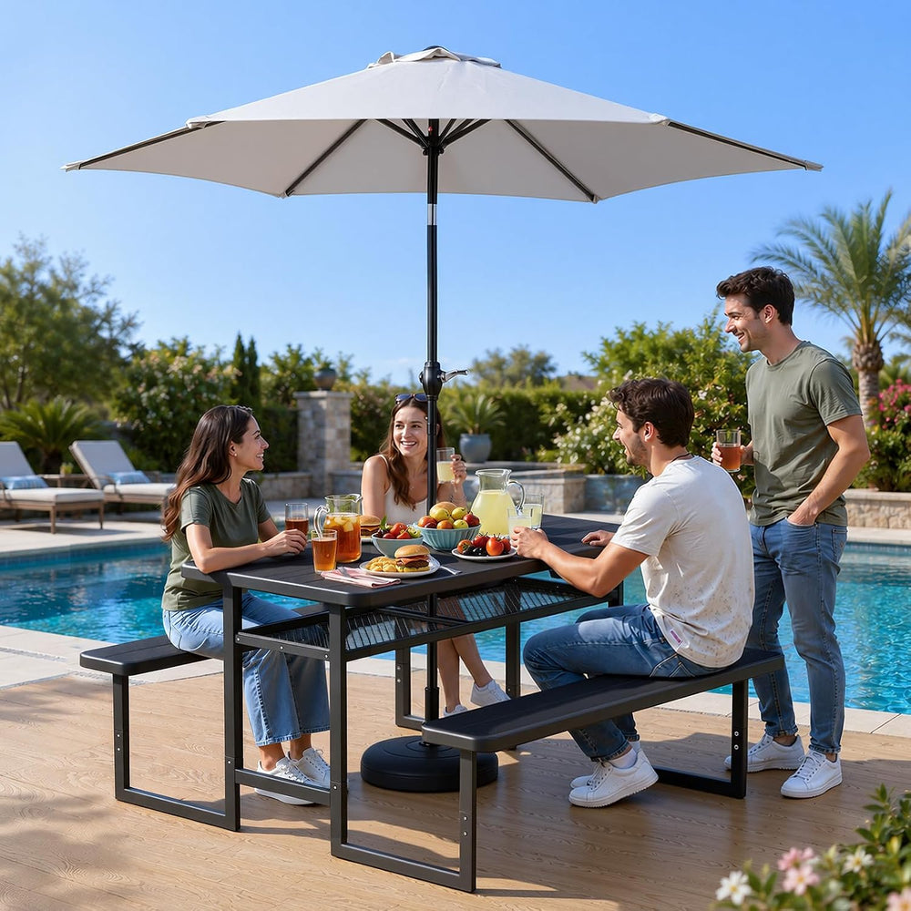 VINGLI 4.5FT Outdoor Picnic Table with Storage Shelf & Umbrella Hole, All...