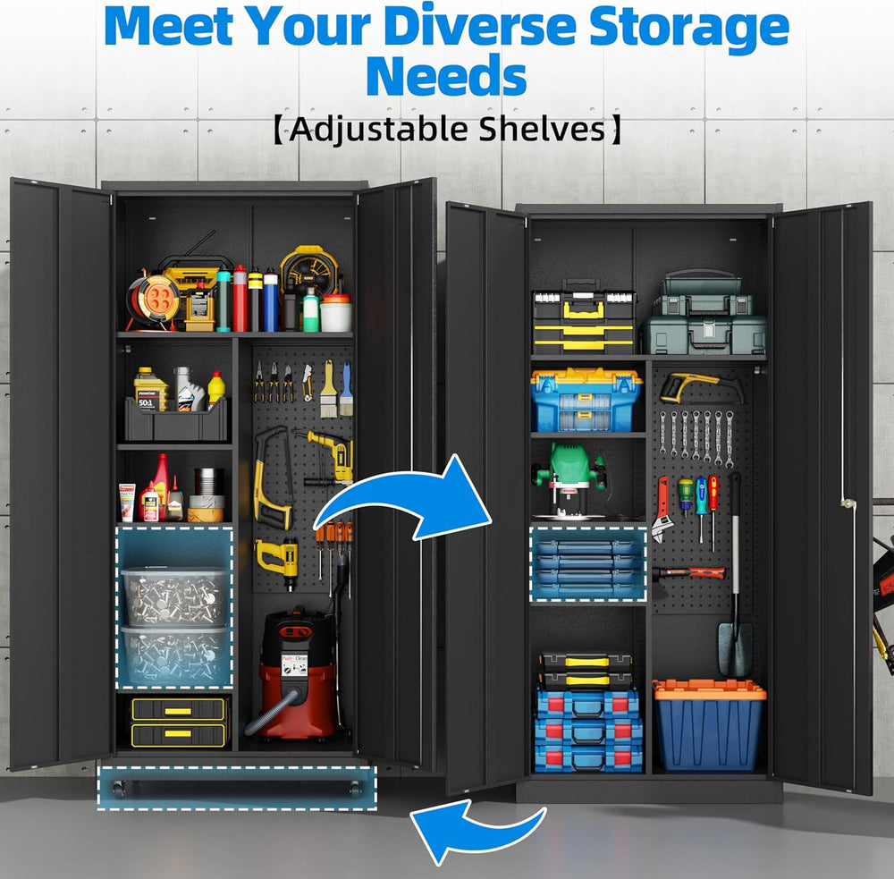 Garage Storage Cabinet with 4 Wheels,Lockable Tool Cabinets with Pegboard and...