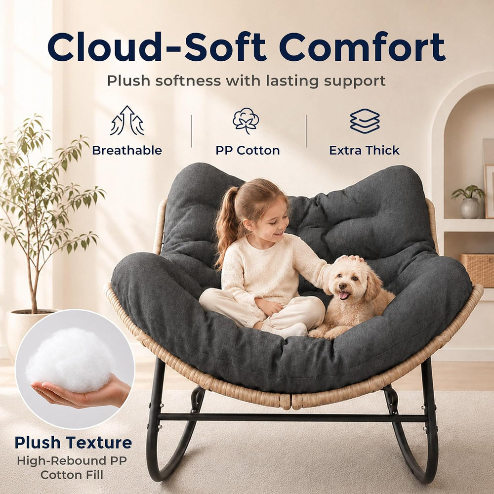 SWITTE Papasan Rocking Chair, Outdoor Wicker Egg Rocker with Cushion, Grey