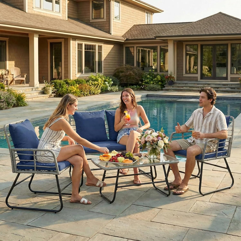 DUMOS Outdoor 4 Piece Outdoor Patio Furniture Set, Wicker Patio Set
