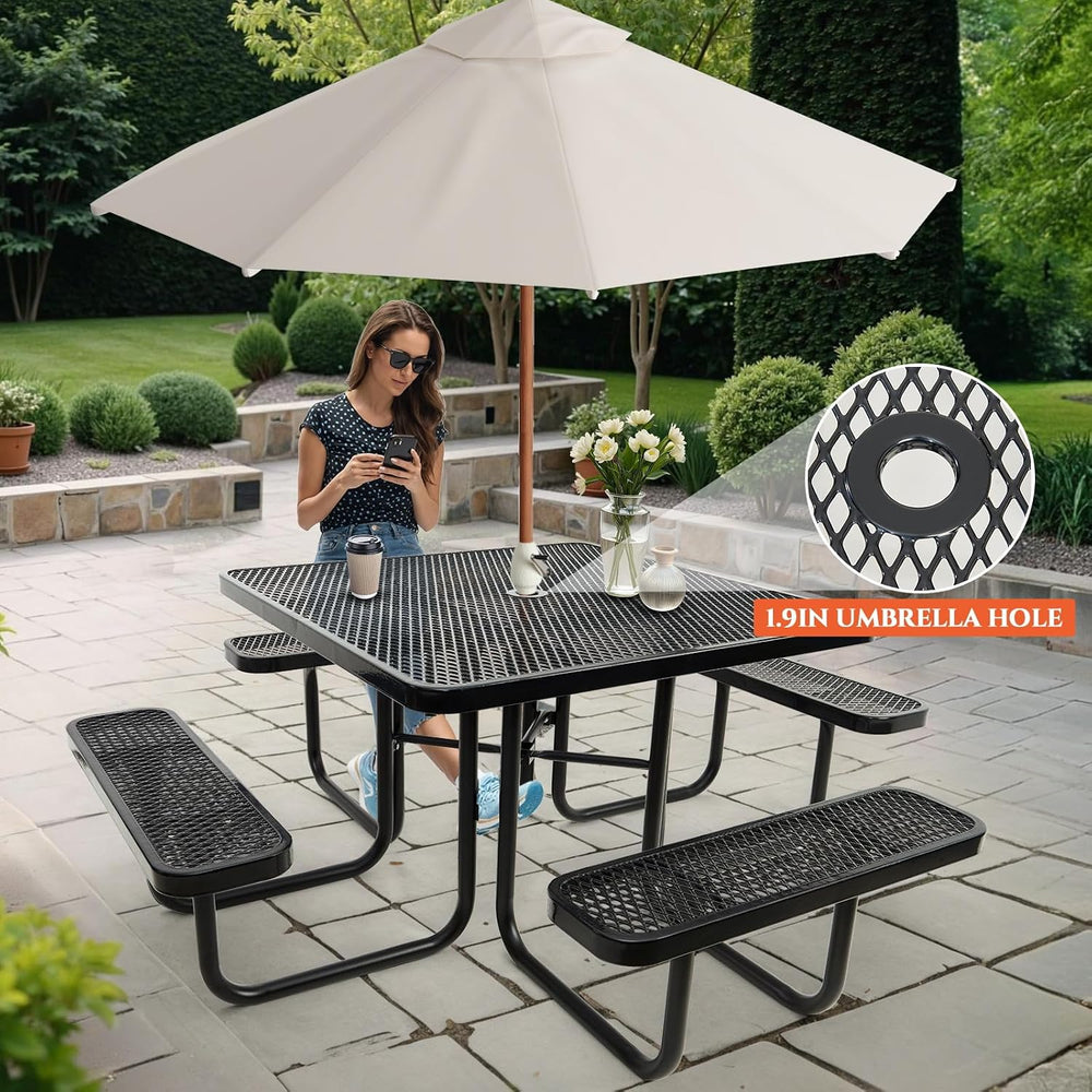 46" Square Top Outdoor Picnic Table Set for Up to 8 Persons, Outside Tab...