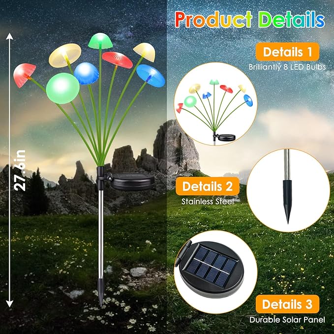 4PK 32LED Solar Garden Lights Outdoor, Mushroom Solar Lights Outdoor, IP65 Wa...