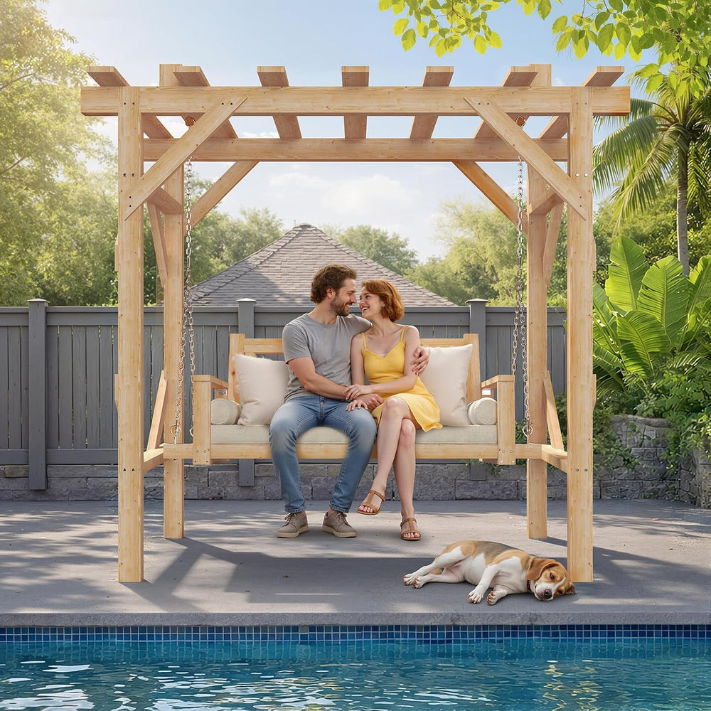 Aoxun Cedar Wood Pergola Porch Swing with 3-Seat Hanging Bench, Natural
