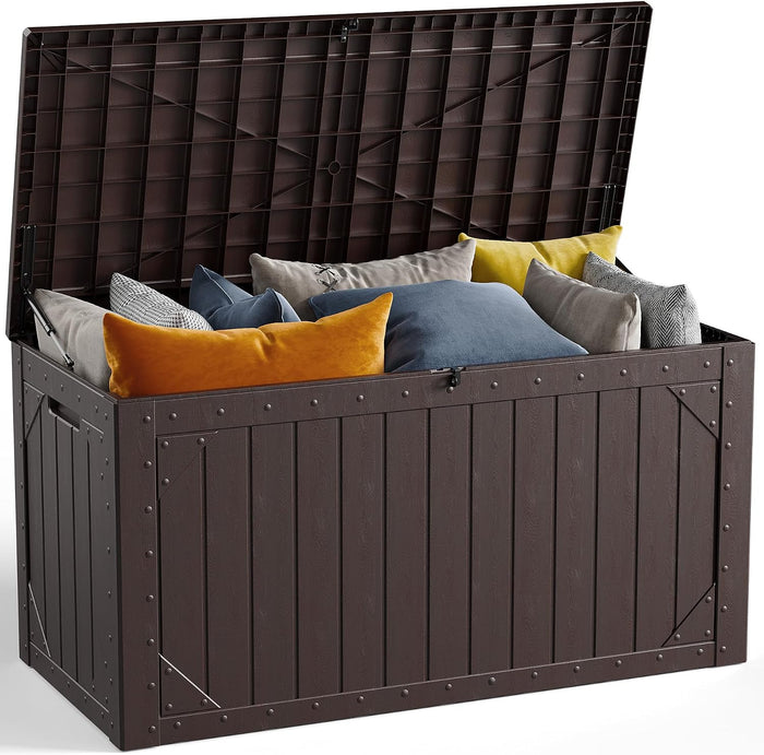 100 Gallon Outdoor Storage Box, Waterproof Resin Deck Box Organizer for Patio Cushion Storage, Lockable Outside Container for Garden Tools