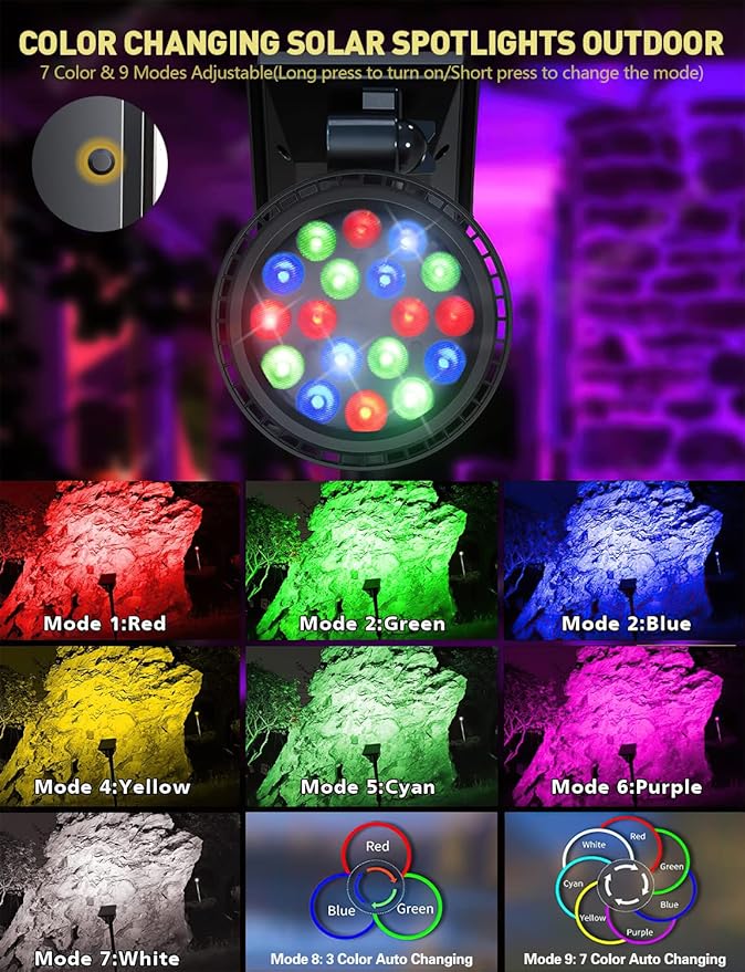 Solar Outdoor Lights, 9 Modes Color Changing 18 LED Halloween Solar Spot Ligh...