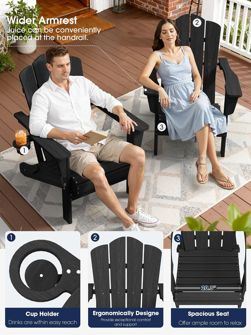 KINGYES Folding Adirondack Chair Set of 2 with Cup Holder, Black