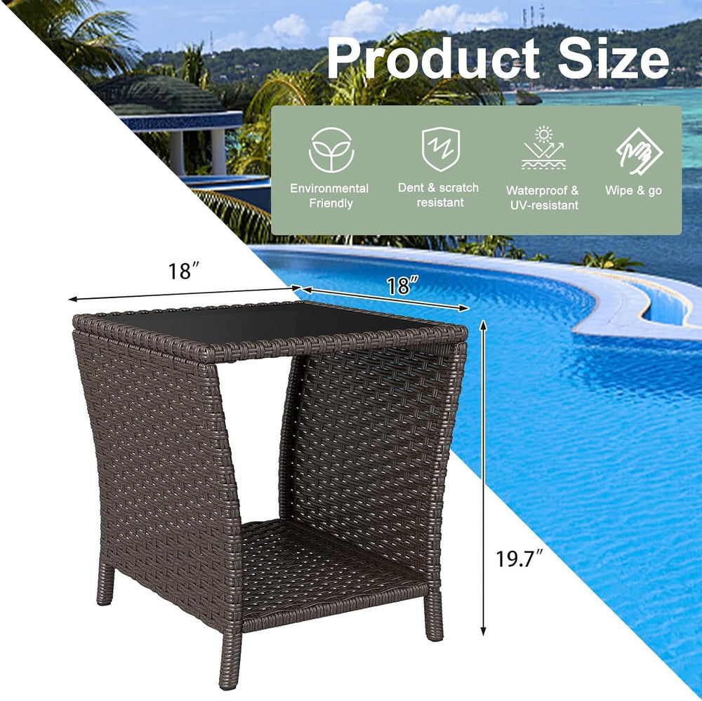 kinbor Set of 2 Outdoor Wicker Side Table, Glass Top & Storage Shelf, Brown