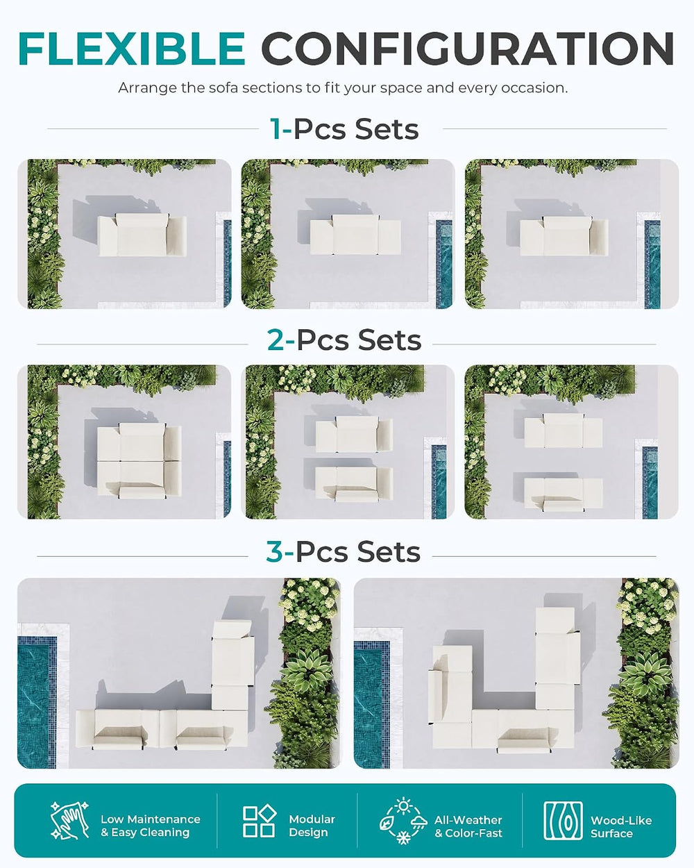 SERWALL HDPE Convertible Patio Couch Sofa Bed with Adjustable Armrests, Outdo...