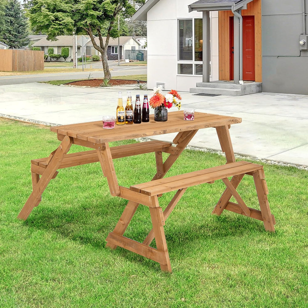 GYMAX Picnic Table, 2 in 1 Convertible Picnic Bench Table Set, Transforming I...