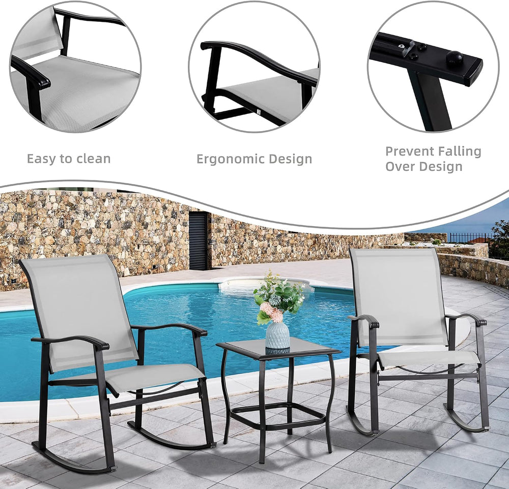 Vongrasig 3 Piece Outdoor Rocking Bistro Set, Textilene Fabric Small Patio Fu...