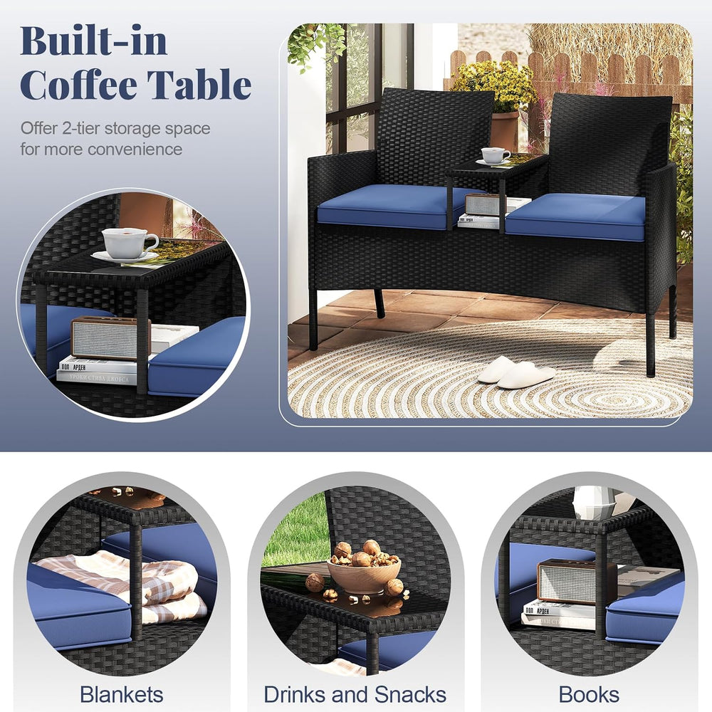 Tangkula Patio Loveseat with Built-in Table, Wicker 2-Seat Furniture with Sof...