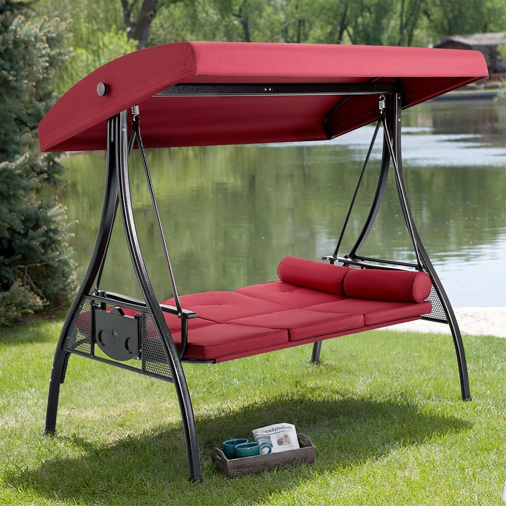 3 Person Porch Swing with Adjustable Canopy, Patio Swing with Stand