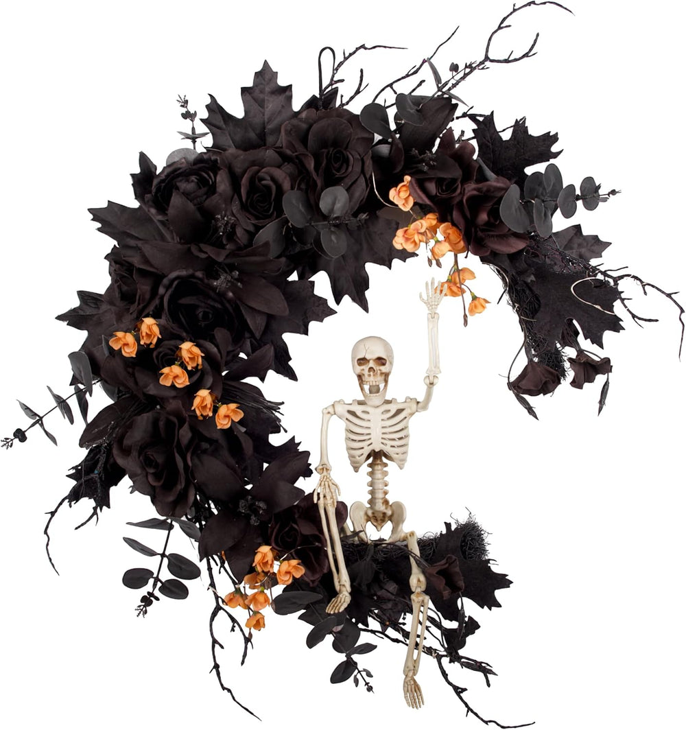 20" Pre-lit Halloween Black Moon Wreath with Poseable Skeleton, Handmade...