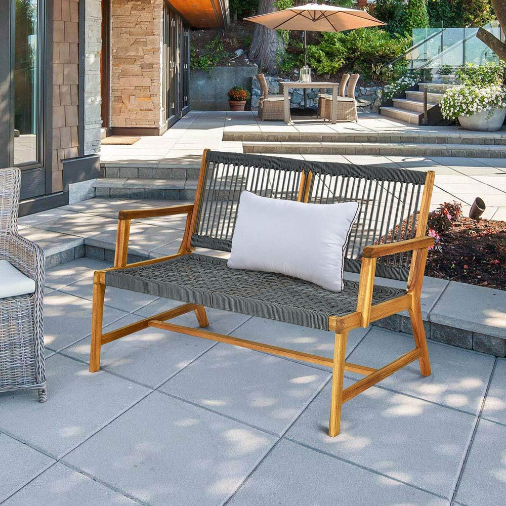 Tangkula 2-Person Patio Acacia Wood Bench Loveseat, Outdoor Patio Rope Bench ...