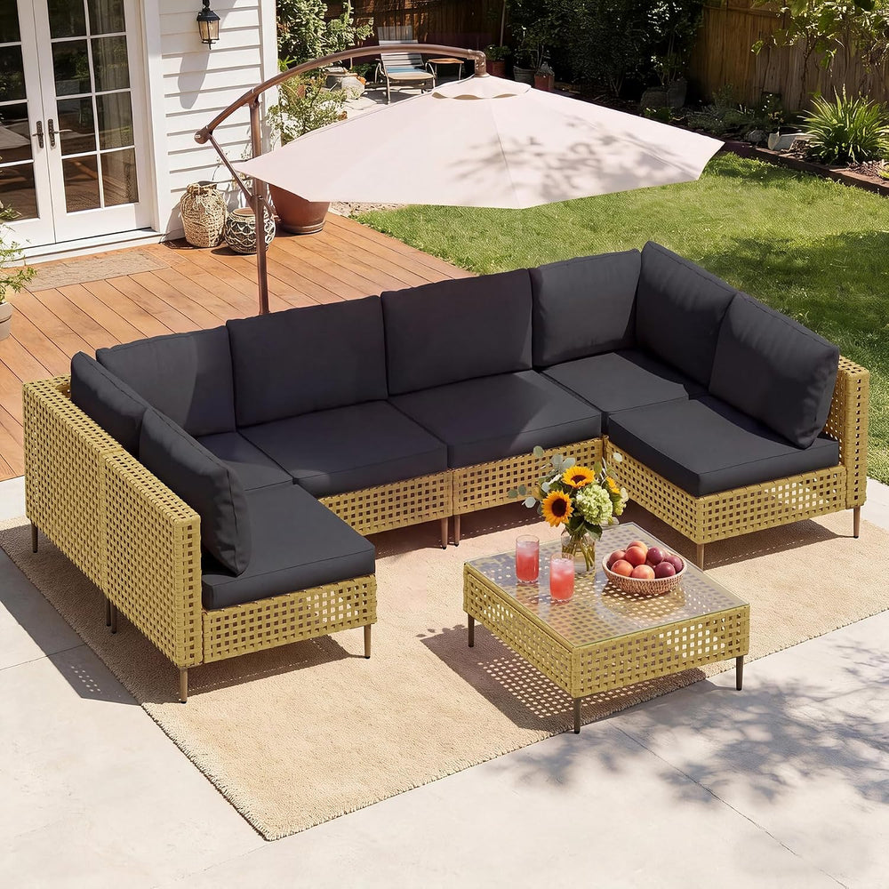 LHBcraft 7-Piece Patio Furniture Set, Handmade Rattan Outdoor Furniture Set, ...