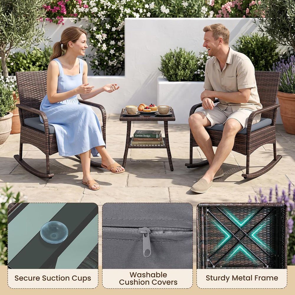 Tangkula 3-Piece Outdoor Wicker Rocking Bistro Set with 2-Tier Coffee Table