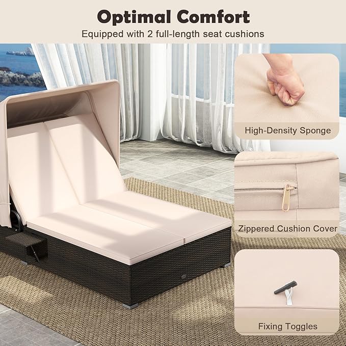 RELAX4LIFE Outdoor Daybed with Retractable Canopy - Wicker Double Chaise Loun...