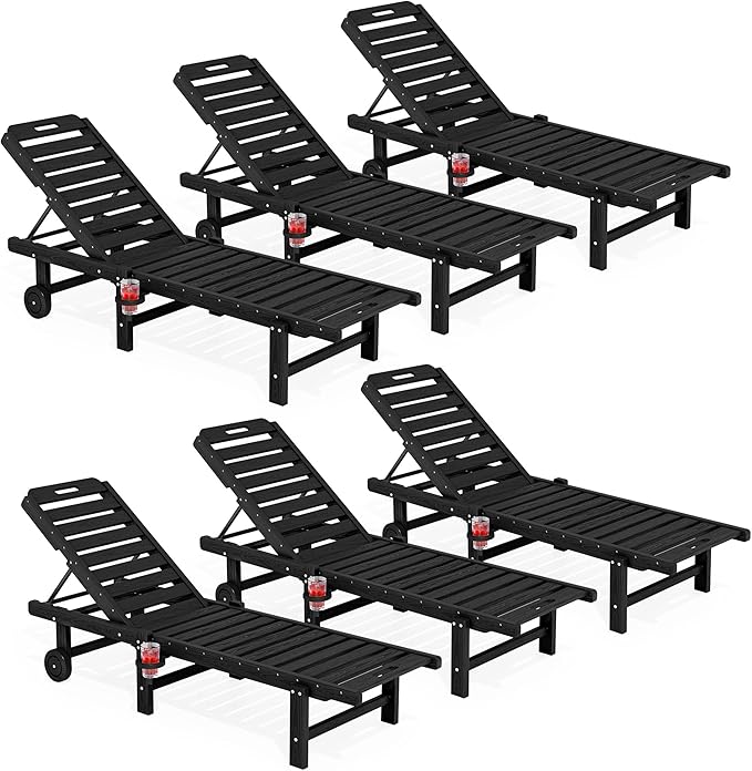SERWALL Outdoor Chaise Lounge Set of 6, HDPE Pool Lounge Chair with 5-Positio...