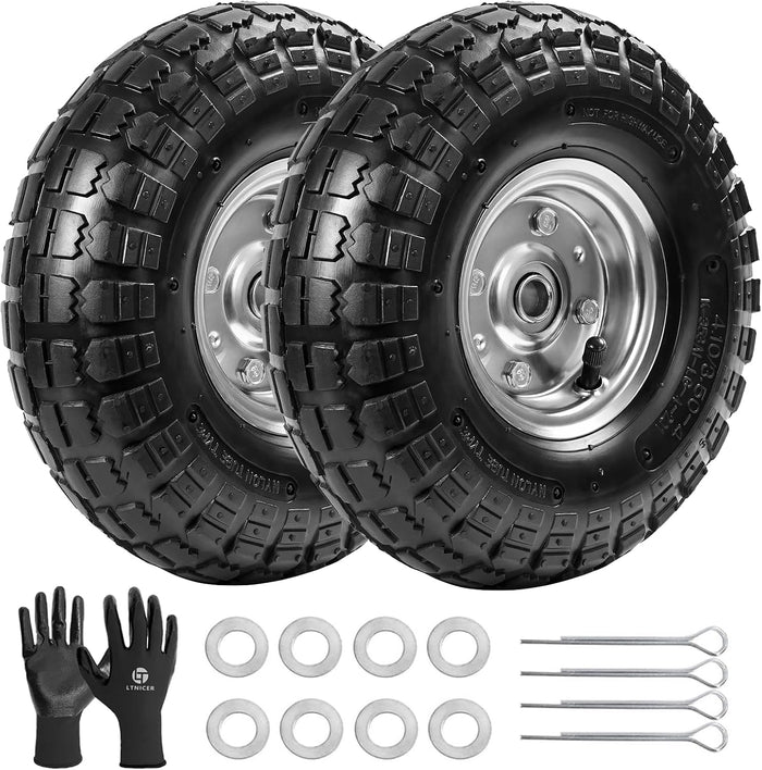 10" Heavy-Duty Replacement Tires, 4.10/3.50-4" for Gorilla Carts,Hand Trucks,Generators,Lawn Mowers & Garden Wagons - Double Sealed Bearings, 5/8" Axle Bore Hole - Pneumatic Air Tires (2 Pack)