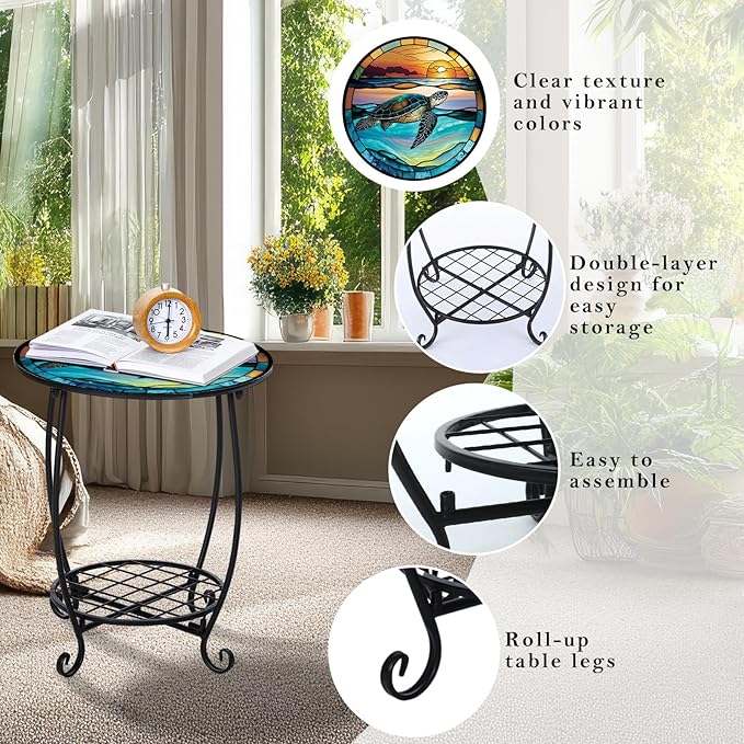 Outdoor Side Table Round Small Mosaic Patio Accent Indoor End Plant Coffee Te...