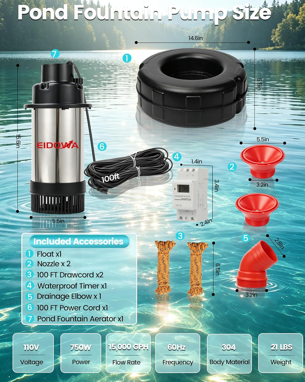 1HP Floating Pond Fountain Aerator, 15000GPH, 110V, Red | 304 Stainless Steel...