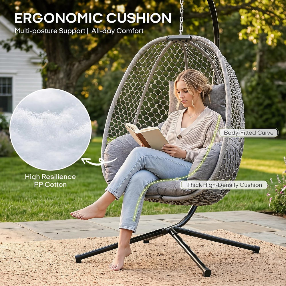 Outdoor Egg Hanging Chair with Stand, Honeycomb Wicker Swing Chair for Patio,...
