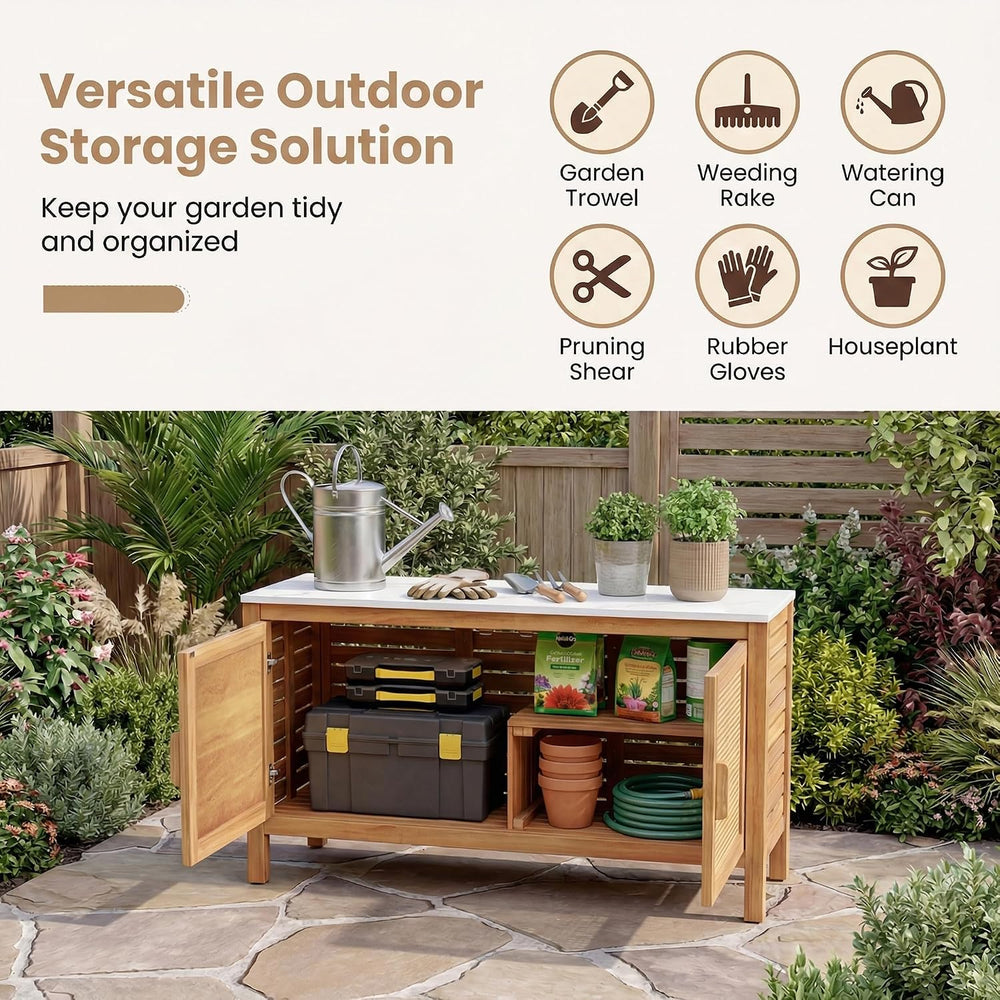 Giantex Acacia Wood Outdoor Cabinet, Storage Cabinet w/Faux Marble Top, Ratta...