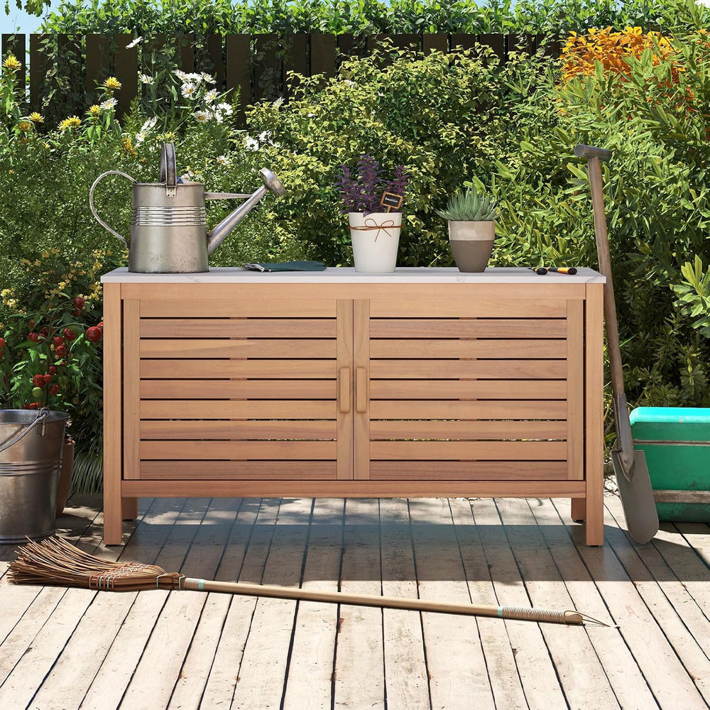 Goplus Patio Storage Cabinet, 2-Door Acacia Wood Console Table with Faux Marb...