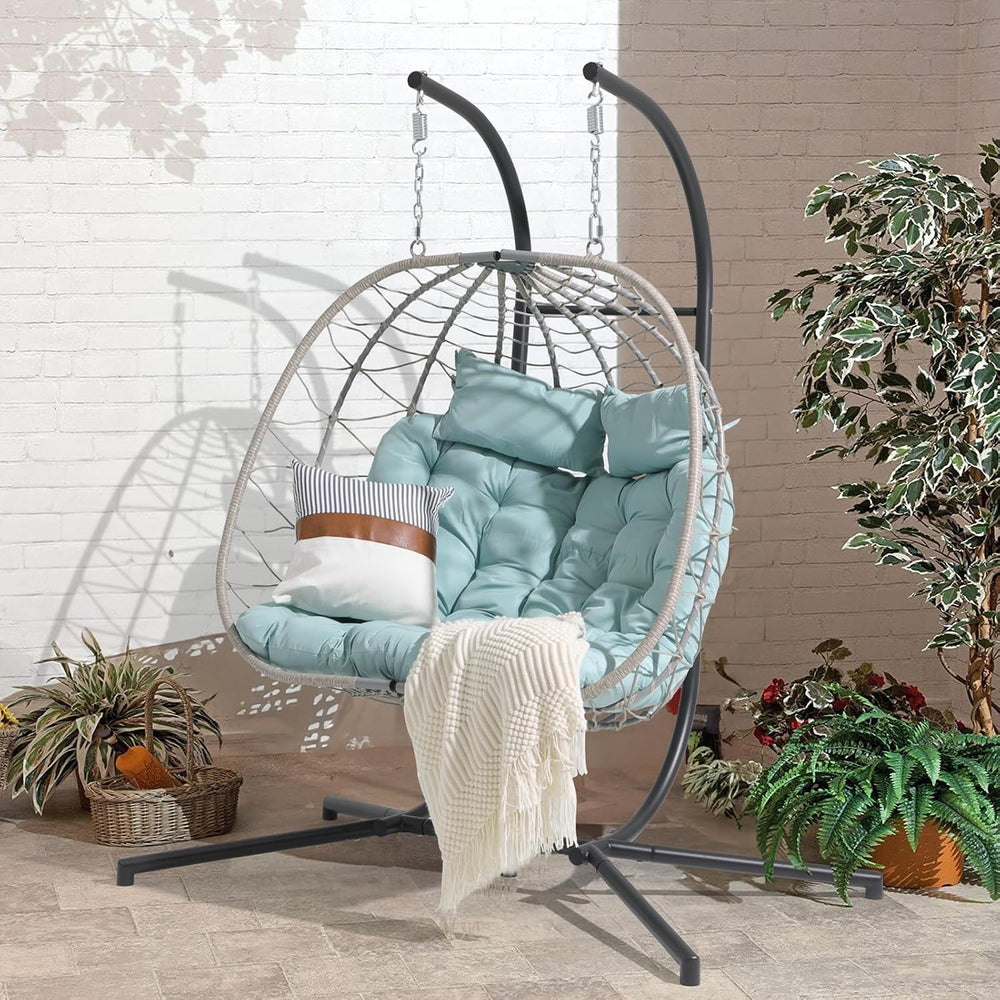 Patiorama 2 Person Double Egg Swing Chair with Stand, Wicker, Light Blue