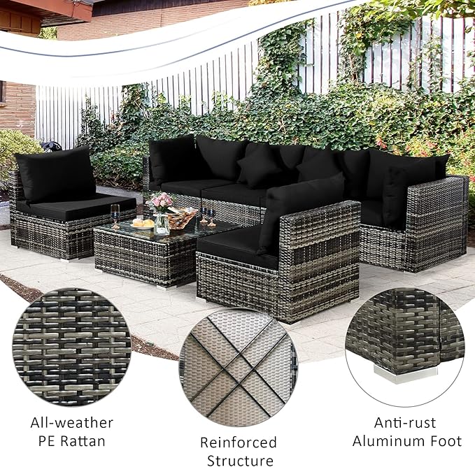 Tangkula 7 Pieces Patio Rattan Furniture Set, Patiojoy Outdoor Conversation S...