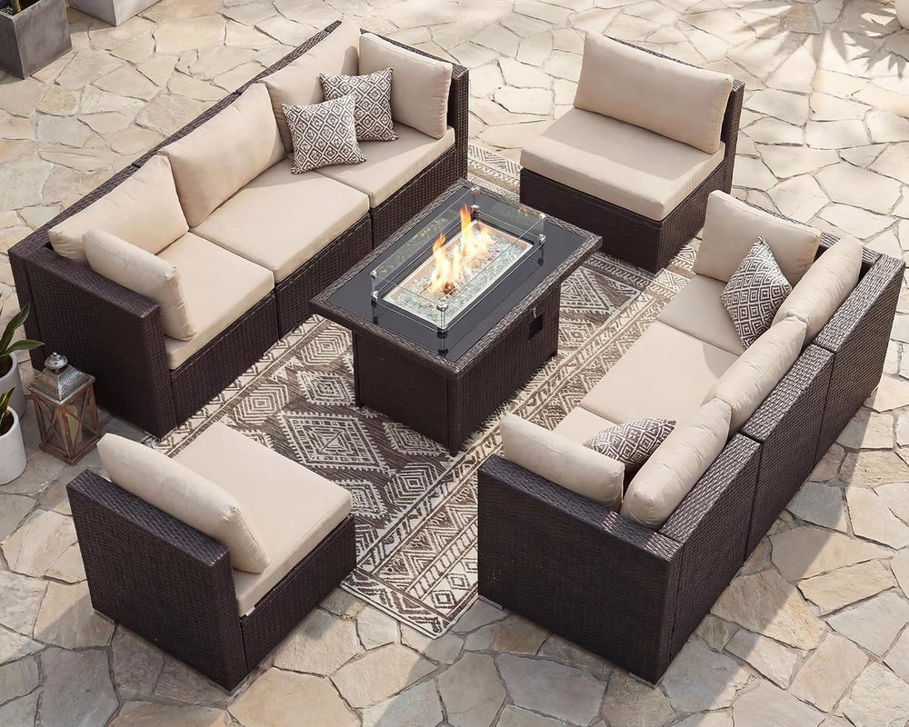 BULEXYARD 9 Piece Outdoor Patio Set with Fire Pit, Brown & Beige