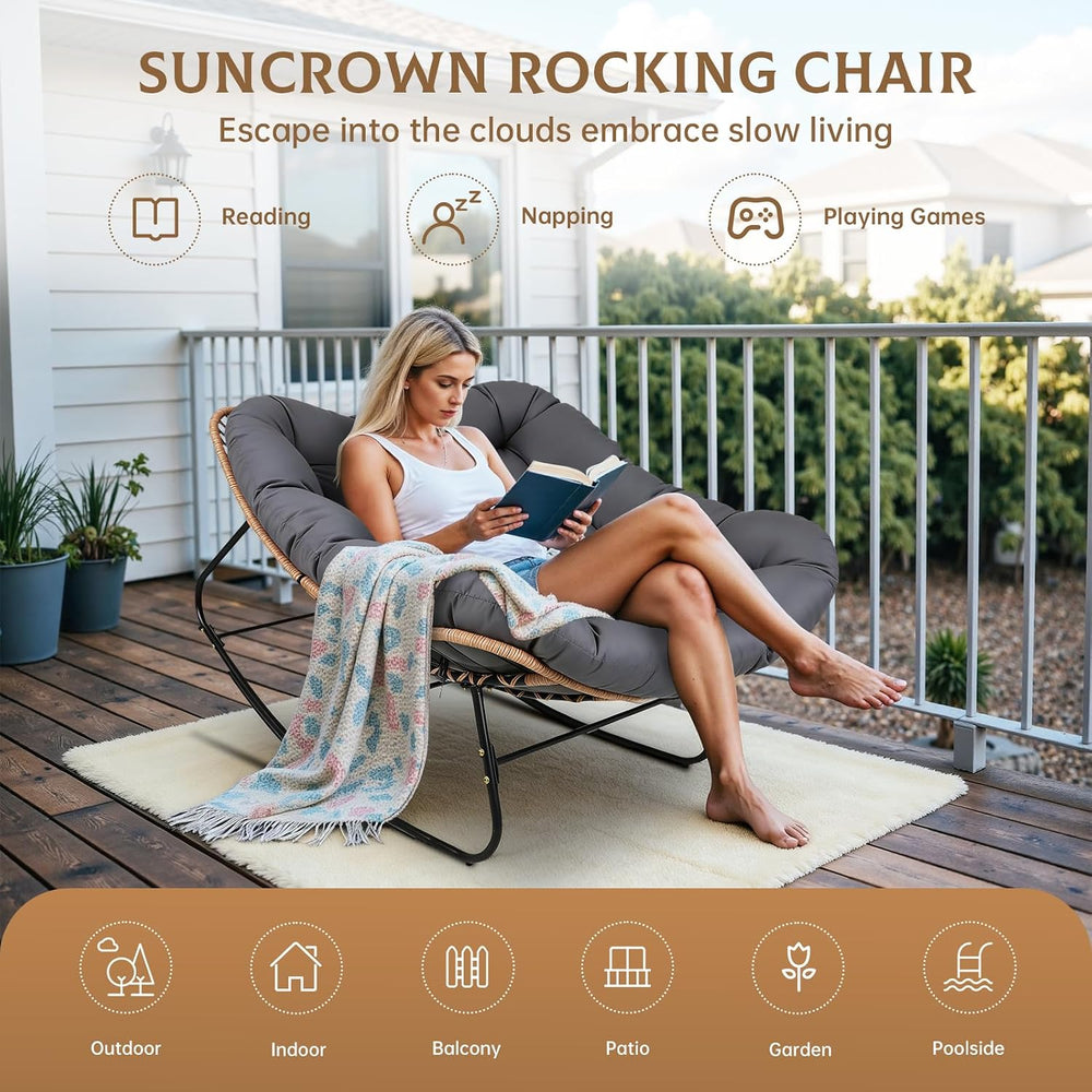 Oversized Wicker Rocking Chair Indoor Outdoor, 450 LBS Heavy Duty Patio Papas...