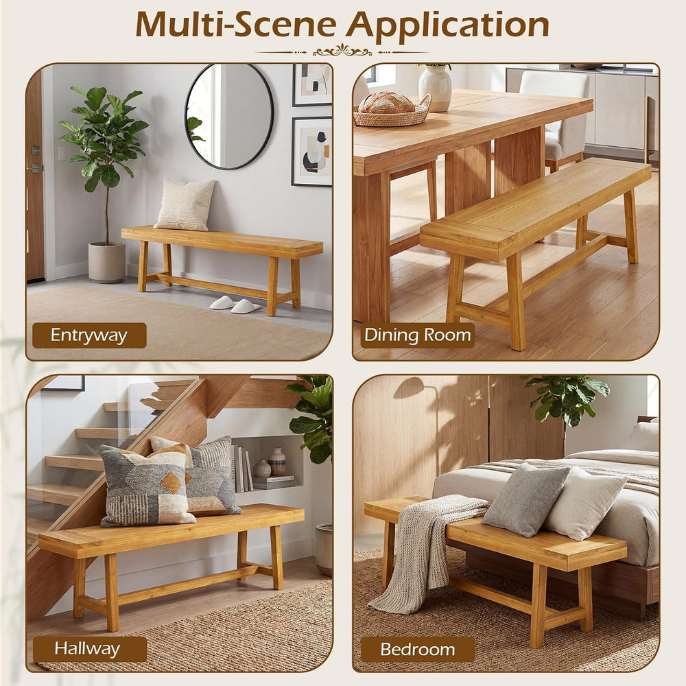 GIANTEX 63" Dining Bench for 3-Person, Farmhouse Teak Wood Entryway Benc...