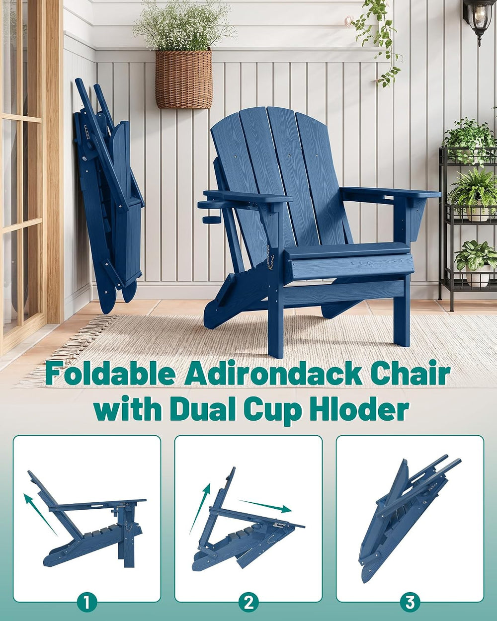 PLUUV Adjustable Folding Adirondack Chairs Set of 2 with Cup Holders, Navy
