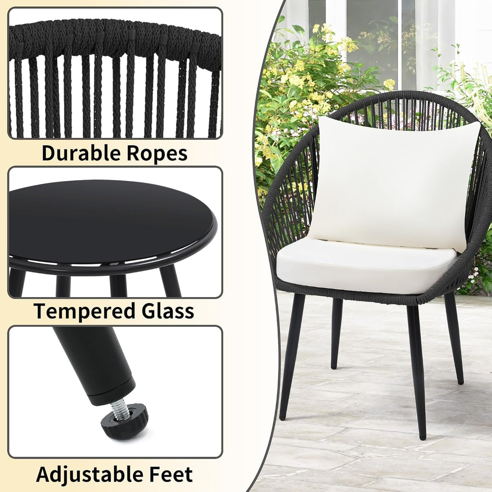 wildformers 3-Piece Bistro Set, Woven Rope Chair with Cushions, Black