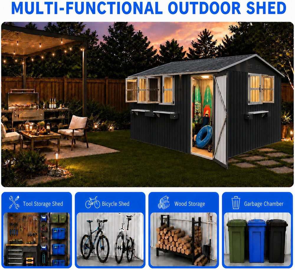 12x10 FT Outdoor Storage Shed with 3 Clear Windows, Metal Garden Shed with Fl...