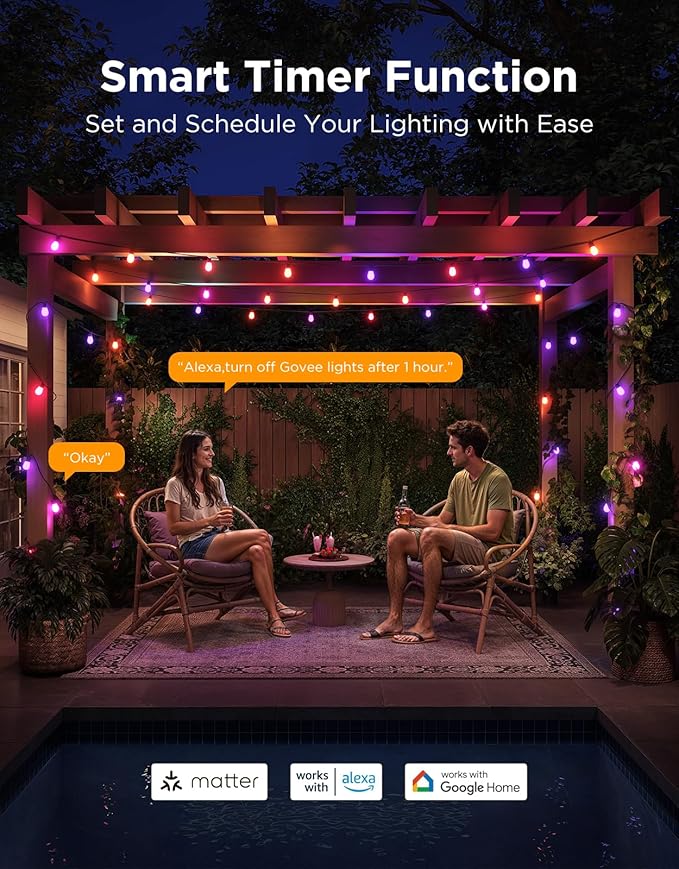 Govee S14 Bulb Outdoor String Lights 2, 144ft RGBIC Smart Warm White Outdoor ...