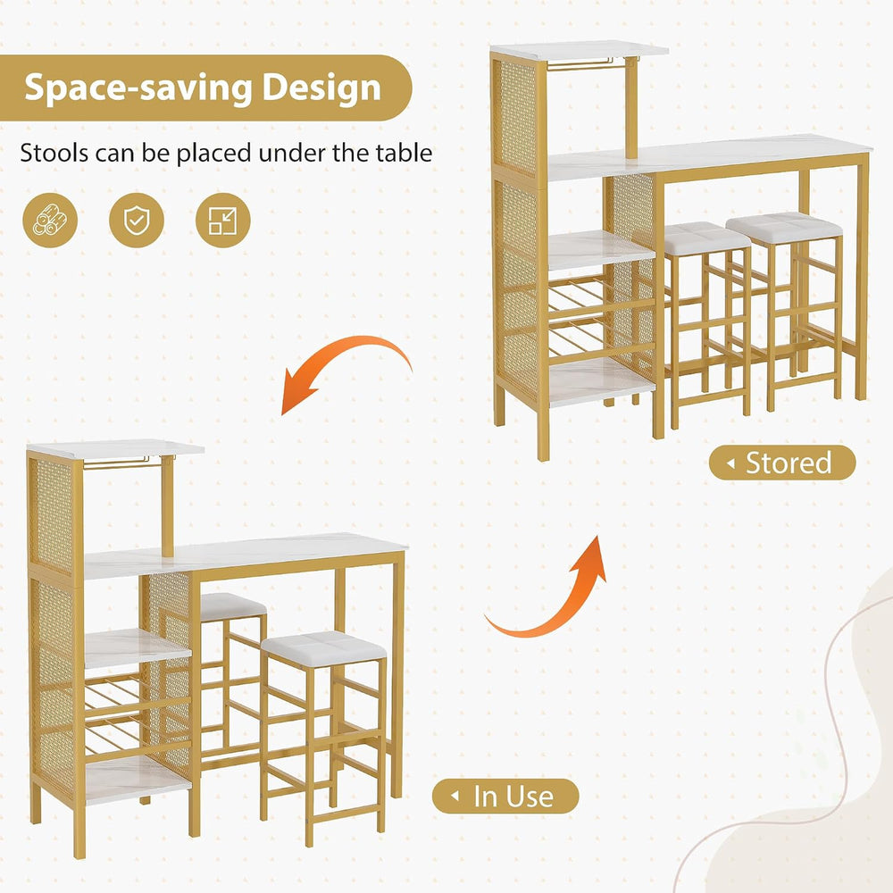 VECELO Bar Table and Chairs Set for 2, Tall Kitchen Counter Dining with Stora...