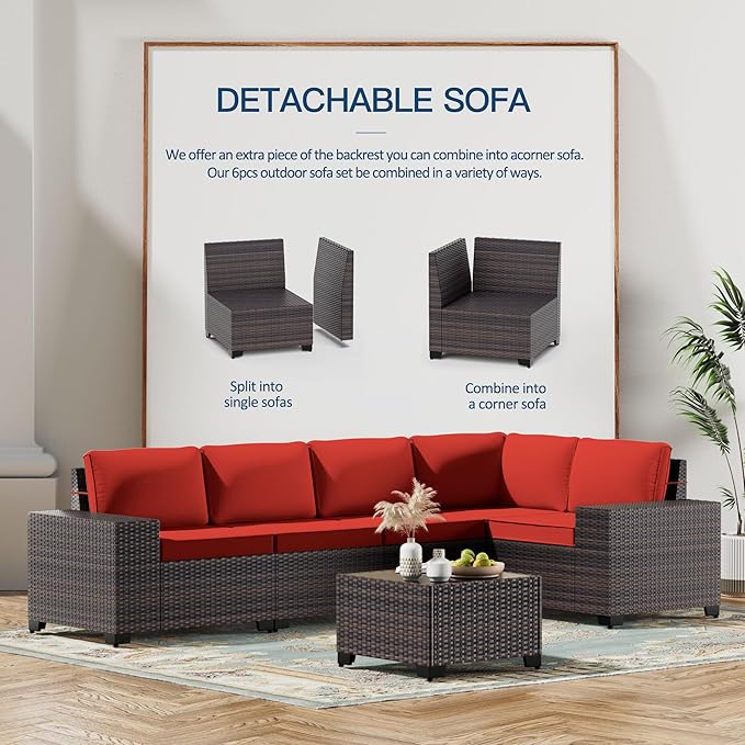 Kullavik 6PCS Outdoor Patio Furniture Set PE Wicker Rattan Sectional Sofa Pat...