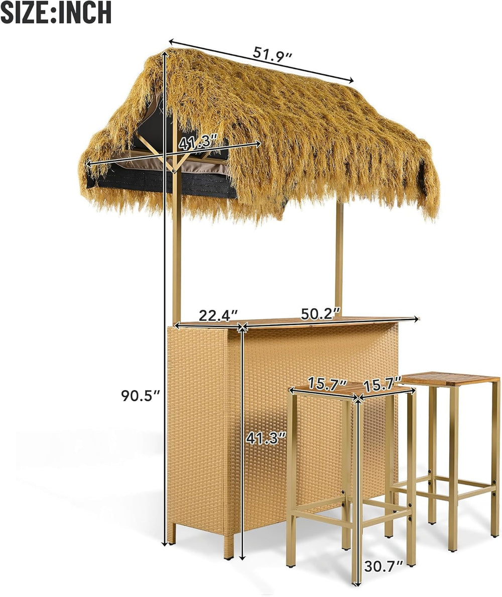 Outdoor 3-Piece Tiki Bar Set, Wicker Bar Table & 2 Stools
