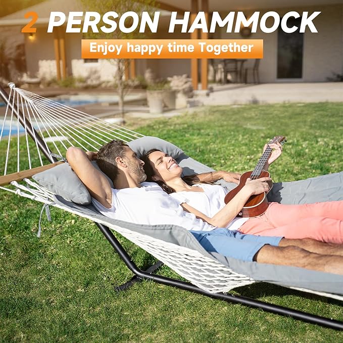 2 Person Outdoor Hammock with Stand, Cotton Rope Hammock with Polyester Pad, ...