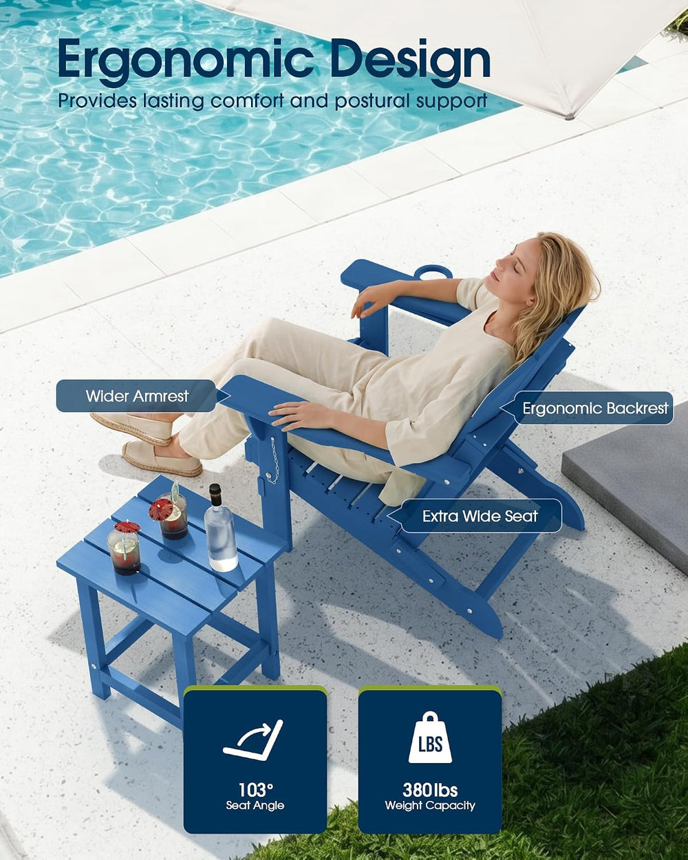MUCHENGHY Folding Adirondack Chair HDPE for Fire Pit Outdoor, Navy Blue