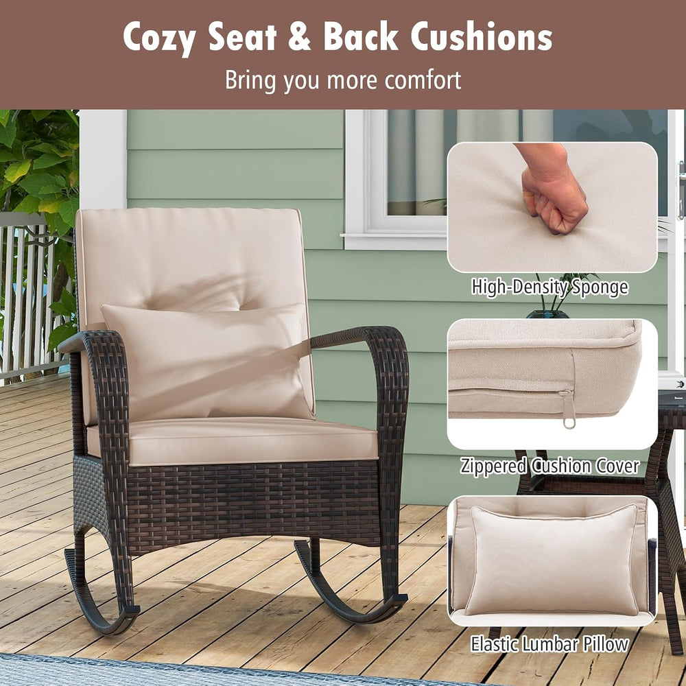 COSTWAY Outdoor Rocking Chairs Set of 2, 3 Piece PE Wicker Patio Bistro Set
