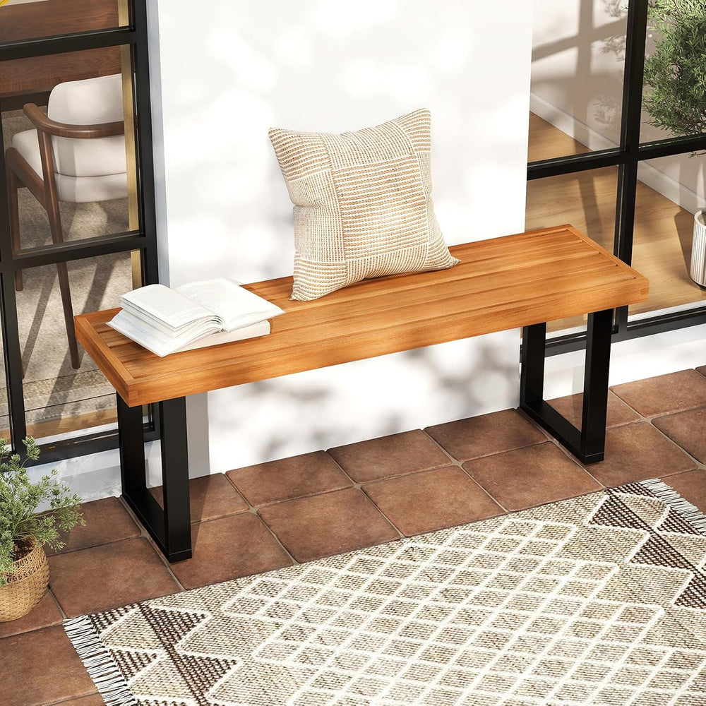 RELAX4LIFE Outdoor Bench Acacia Wood - 48’’ Garden Patio Dining Bench w/Slatt...