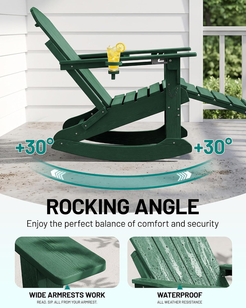 PLUUV Folding Adirondack Rocking Chair with Retractable Ottoman, Green