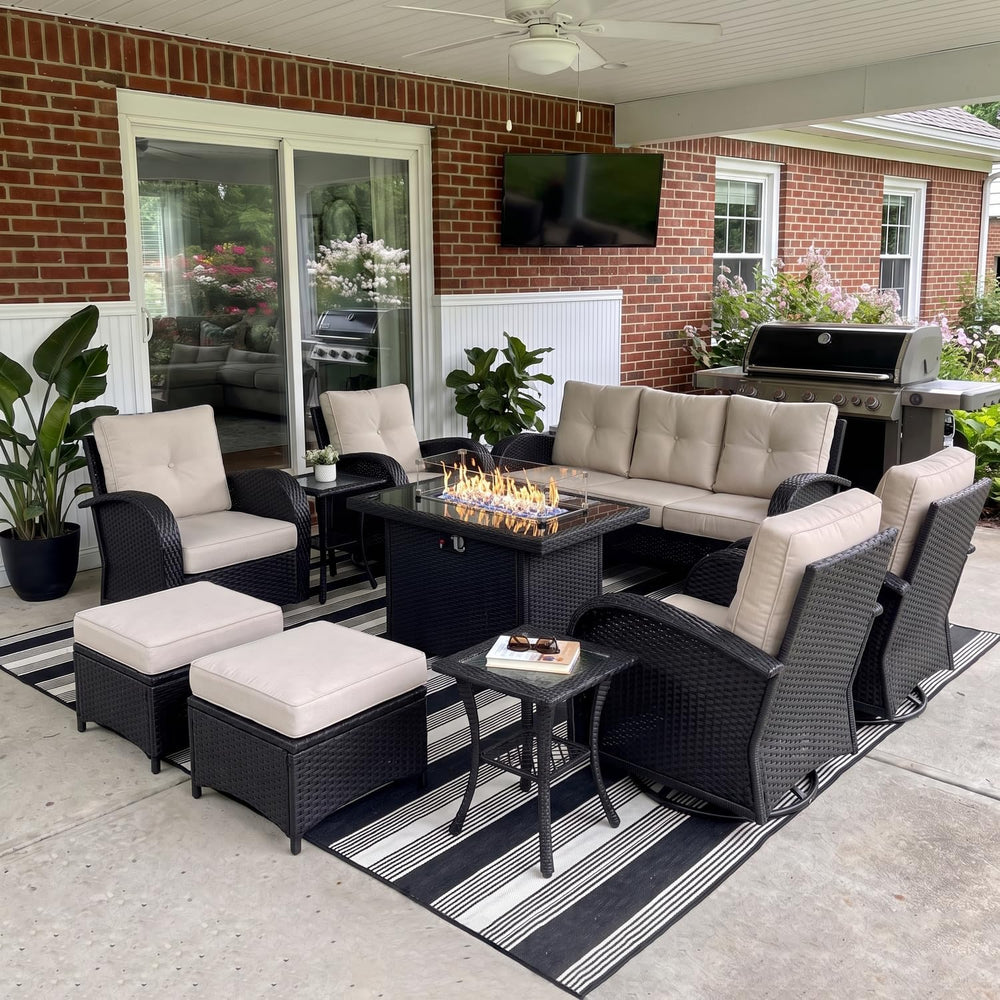 LayinSun 10 Pieces Outdoor Patio Furniture Set with Fire Pit Table